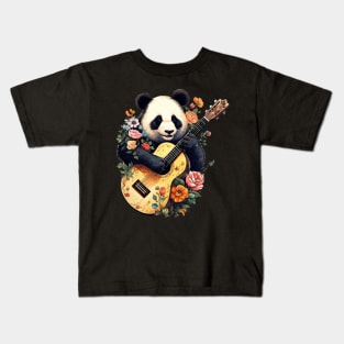 Cute Cottagecore Aesthetic Panda Playing Guitar Floral Kids T-Shirt